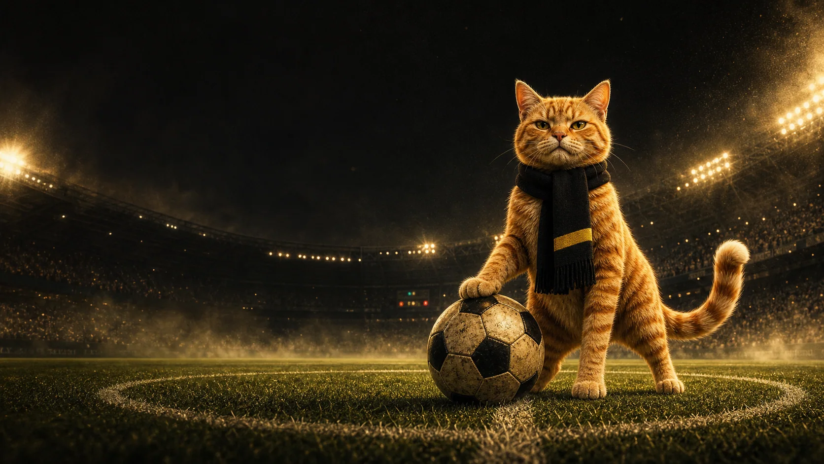 Pitch Cat standing under stadium lights with one paw on a football